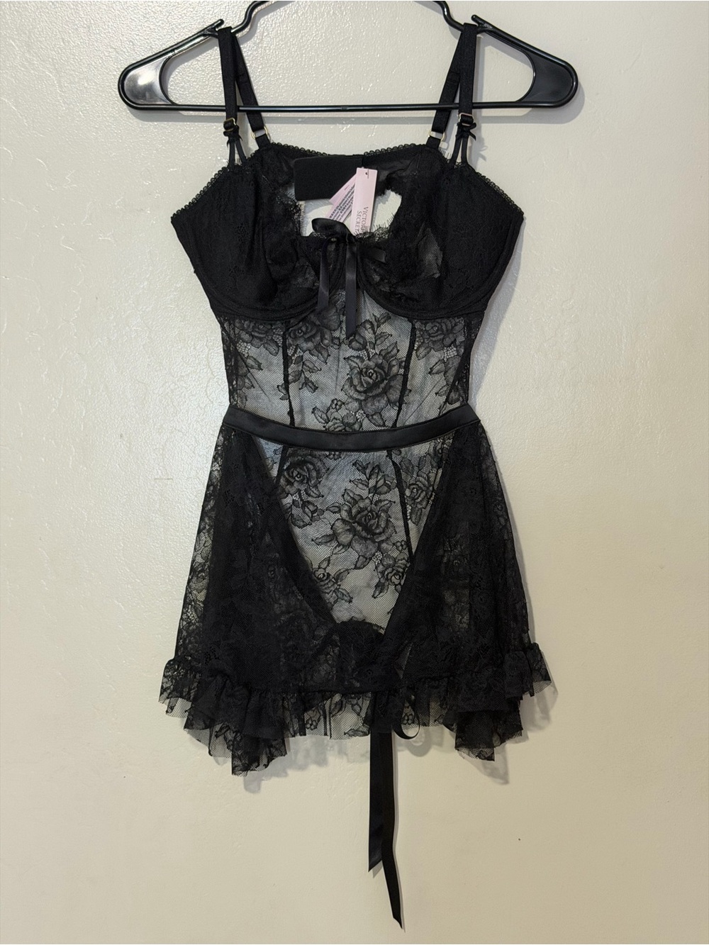 Victoria's Secret Black Floral Lace Chemise with Satin Bow